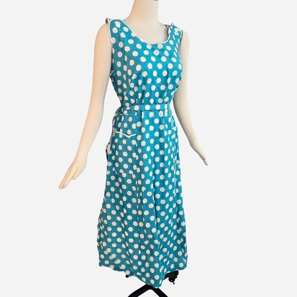 Blue Polka Dot Midi Dress Tie Waist Sleeveless Vintage 1950s 60s Gown White